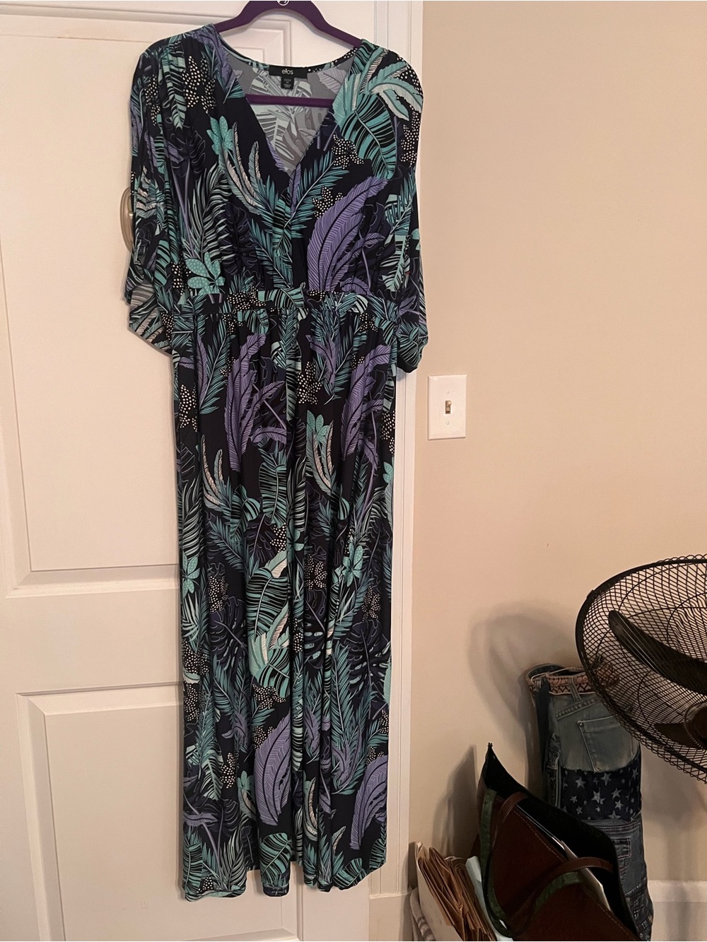 ellos Black Maxi Dress with Teal & Purple Tropical Leaf Print